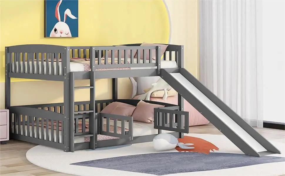 Low Bunk Bed With Slide Fence and Ladder