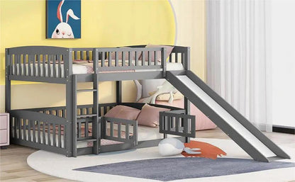Low Bunk Bed With Slide Fence and Ladder