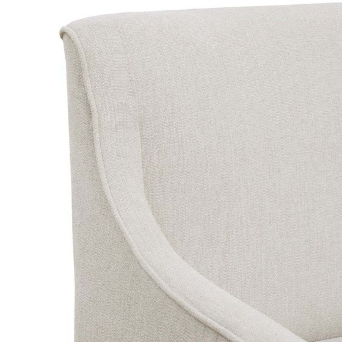 Traditional skirted dining arm chair with a curved rolled arm in beige-gray fabric on Tampa Home & Garden Store