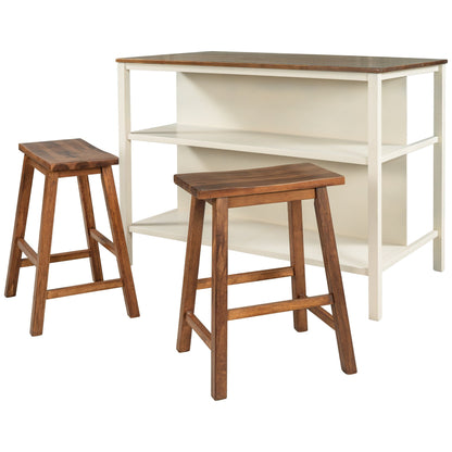Rustic Kitchen Island and Two Wooden Bar Stools