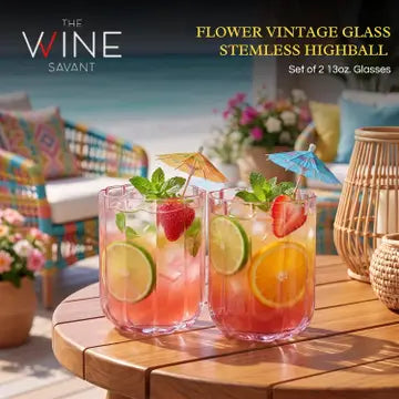 Pink Vintage Flower Stemless Highball Glasses Set