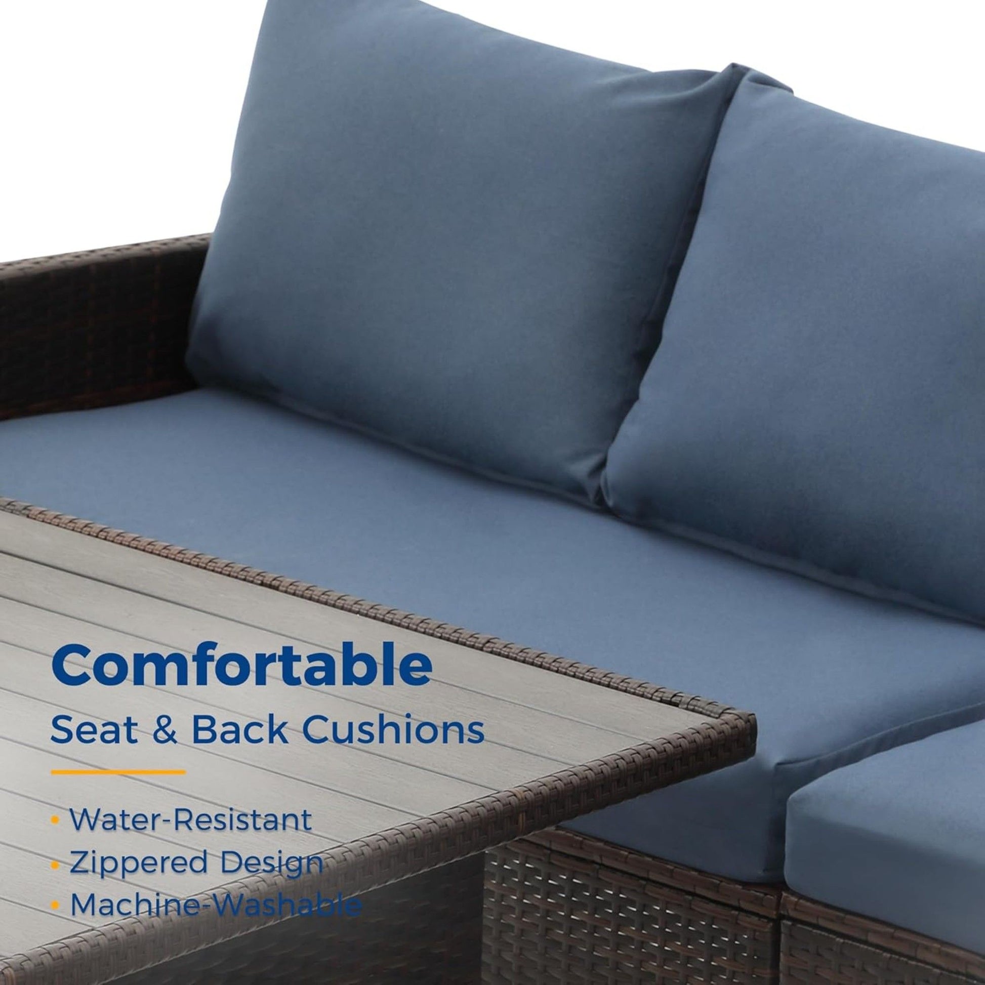 7 Piece Patio Dining Set with Cushions blue cushions on brown wicker seating HouseOfZazla on Tampa Home & Garden Store