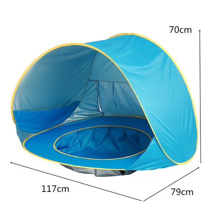 Baby Beach Tent by My Store, blue with yellow trim, waterproof UV sun shelter 117x79x70 cm on Tampa Home & Garden Store