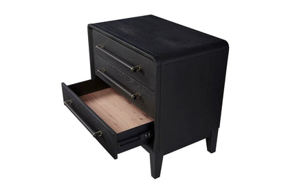 Black three-drawer accent nightstand with brass handles and tapered legs bottom drawer open on Tampa Home & Garden Store