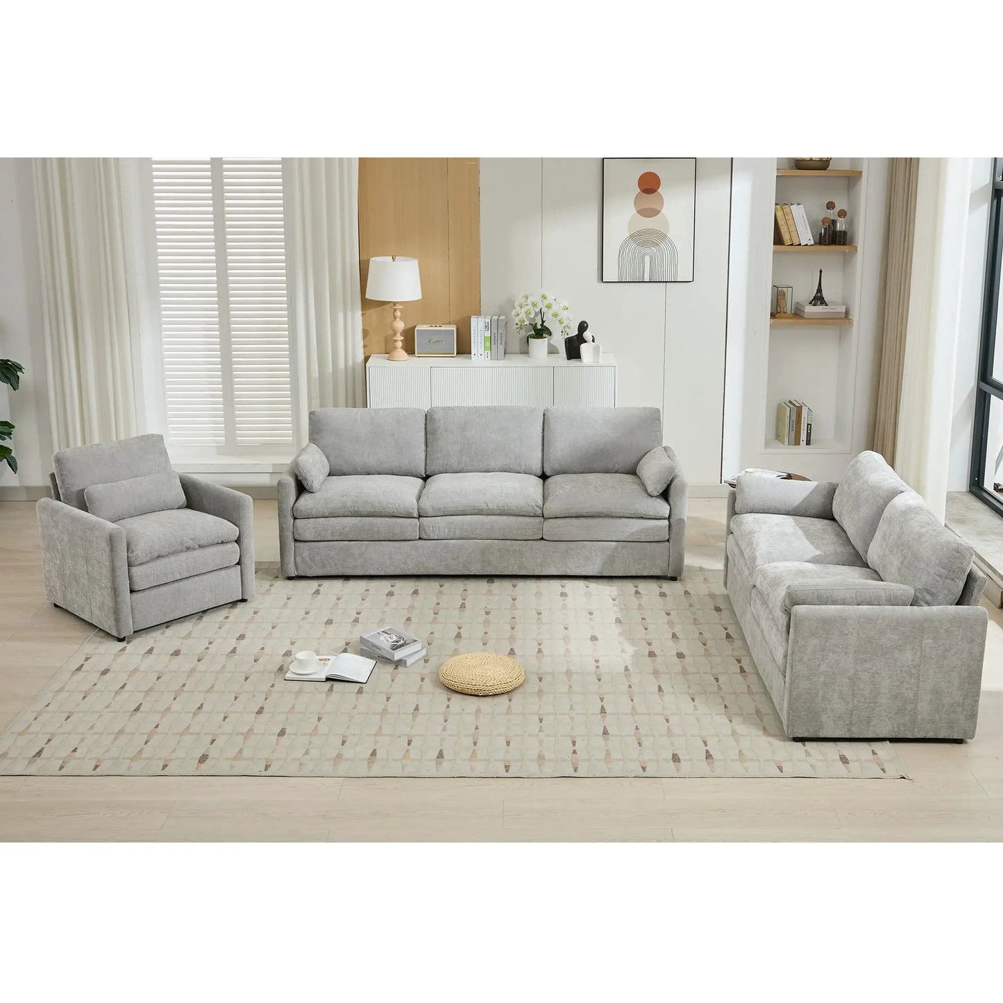 Cozy upholstered 3-piece living room set in light gray fabric with sofa and two armchairs on Tampa Home & Garden Store