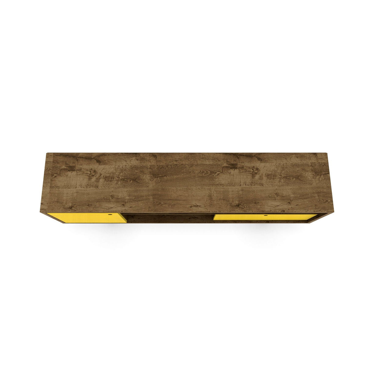 TV stand with wire management and storage in brown woodgrain with yellow end panels on Tampa Home & Garden Store