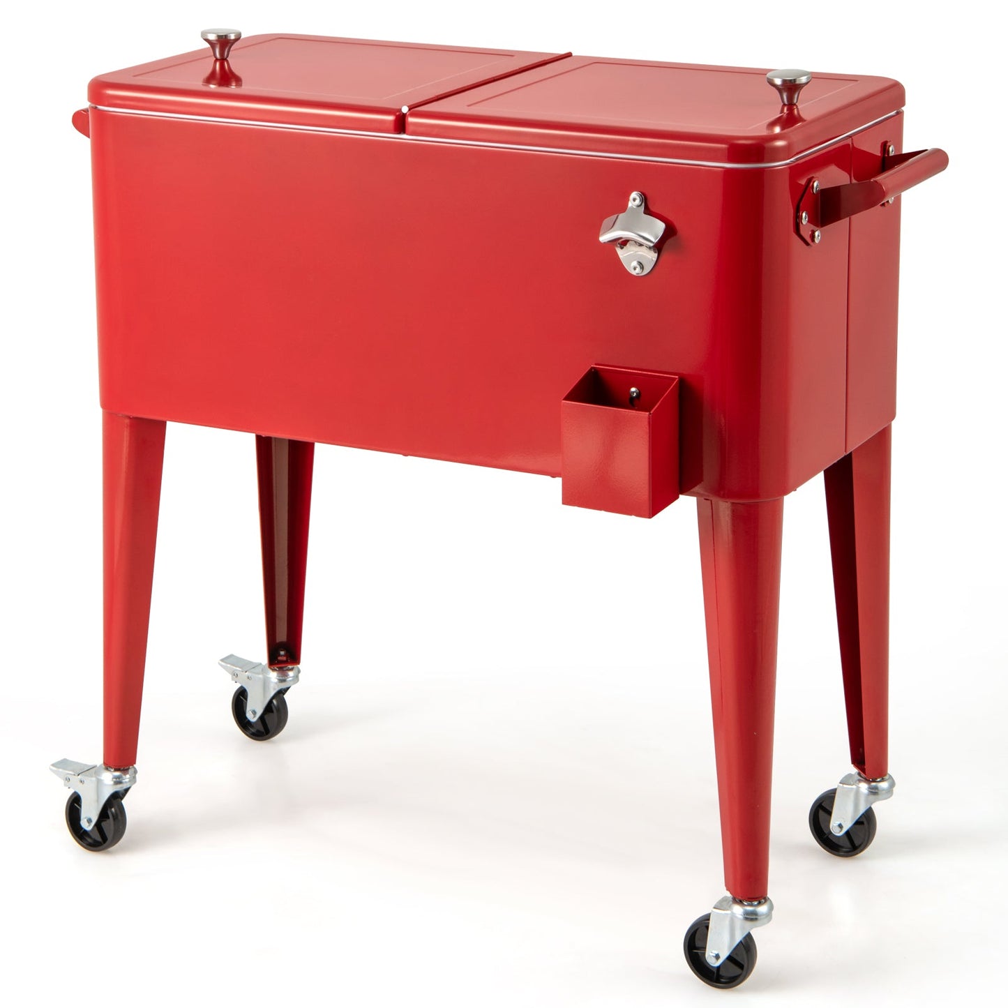 Red portable outdoor patio cooler cart with metal lid, casters, and side handle on Tampa Home & Garden Store