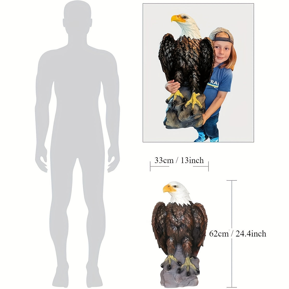 Large standing bald eagle garden statue brown feathers with white head, 62 cm tall, HouseOfZazla on Tampa Home & Garden Store