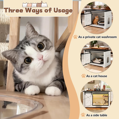 46in Farmhouse Cat Litter Box Enclosure with Sliding Barn Door, cat inside, litter box visible on Tampa Home & Garden Store