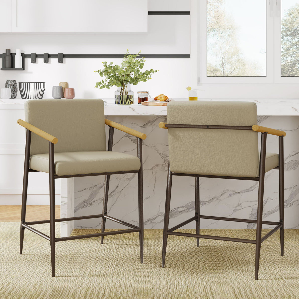 Mid Century Modern Counter Stool Set Khaki by HouseOfZazla, three-piece, dark metal legs on Tampa Home & Garden Store