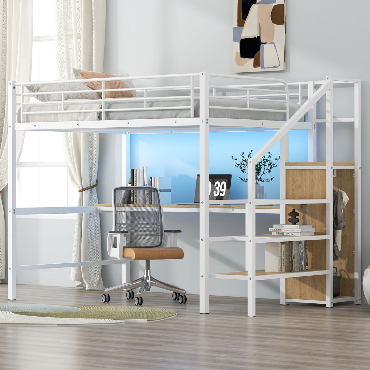 Loft bed with desk and storage staircase in white metal, LED light HouseOfZazla on Tampa Home & Garden Store