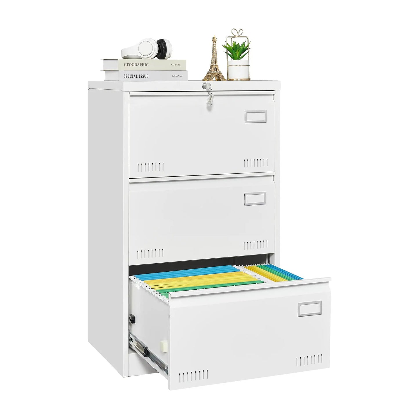 Filing cabinet lateral 3-drawer locking metal file cabinet white finish for home office on Tampa Home & Garden Store