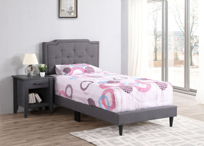 Button tufted gray upholstered bed with tufted headboard and colorful bedding on Tampa Home & Garden Store