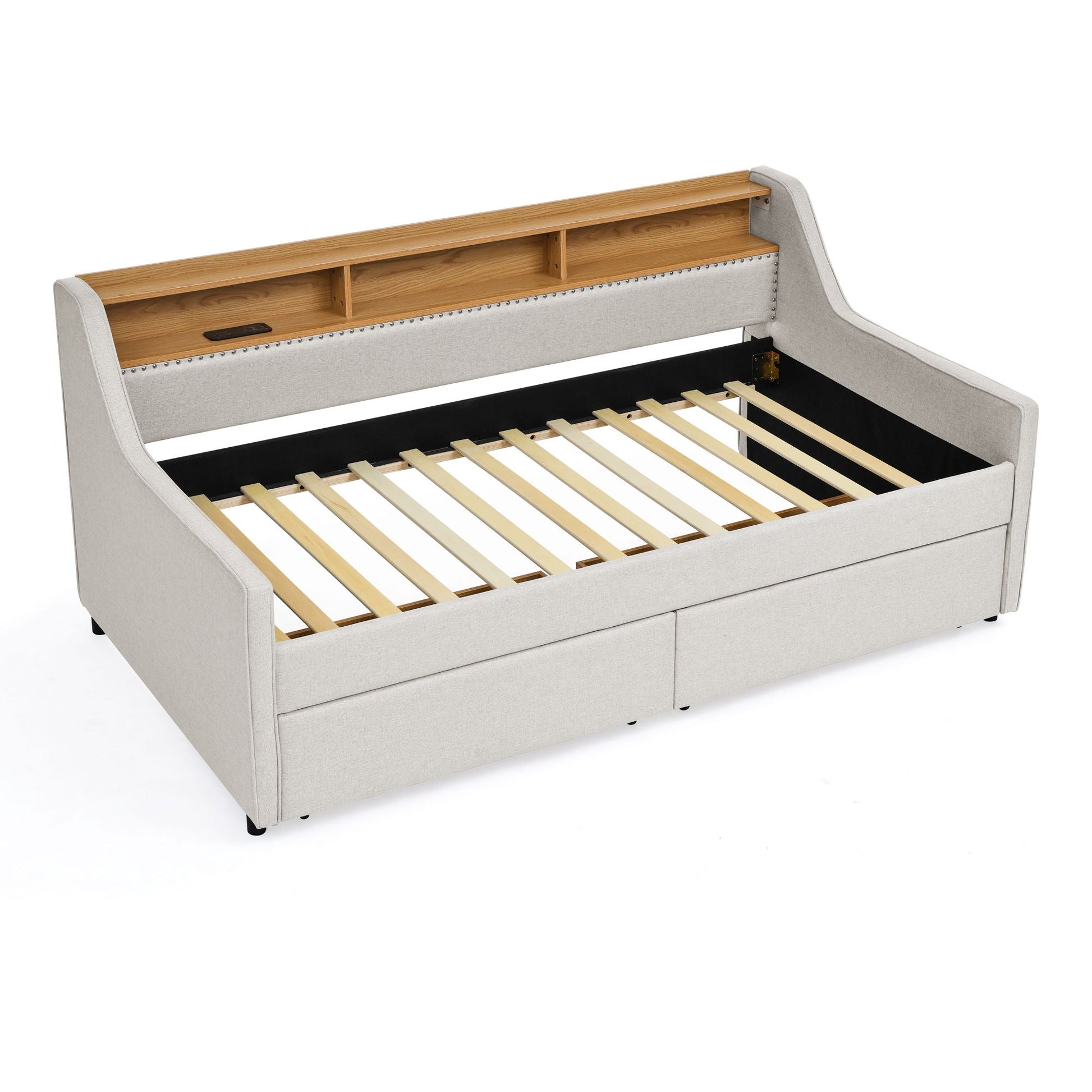 Twin upholstered beige sofa bed with wood headboard shelf and storage drawers on Tampa Home & Garden Store