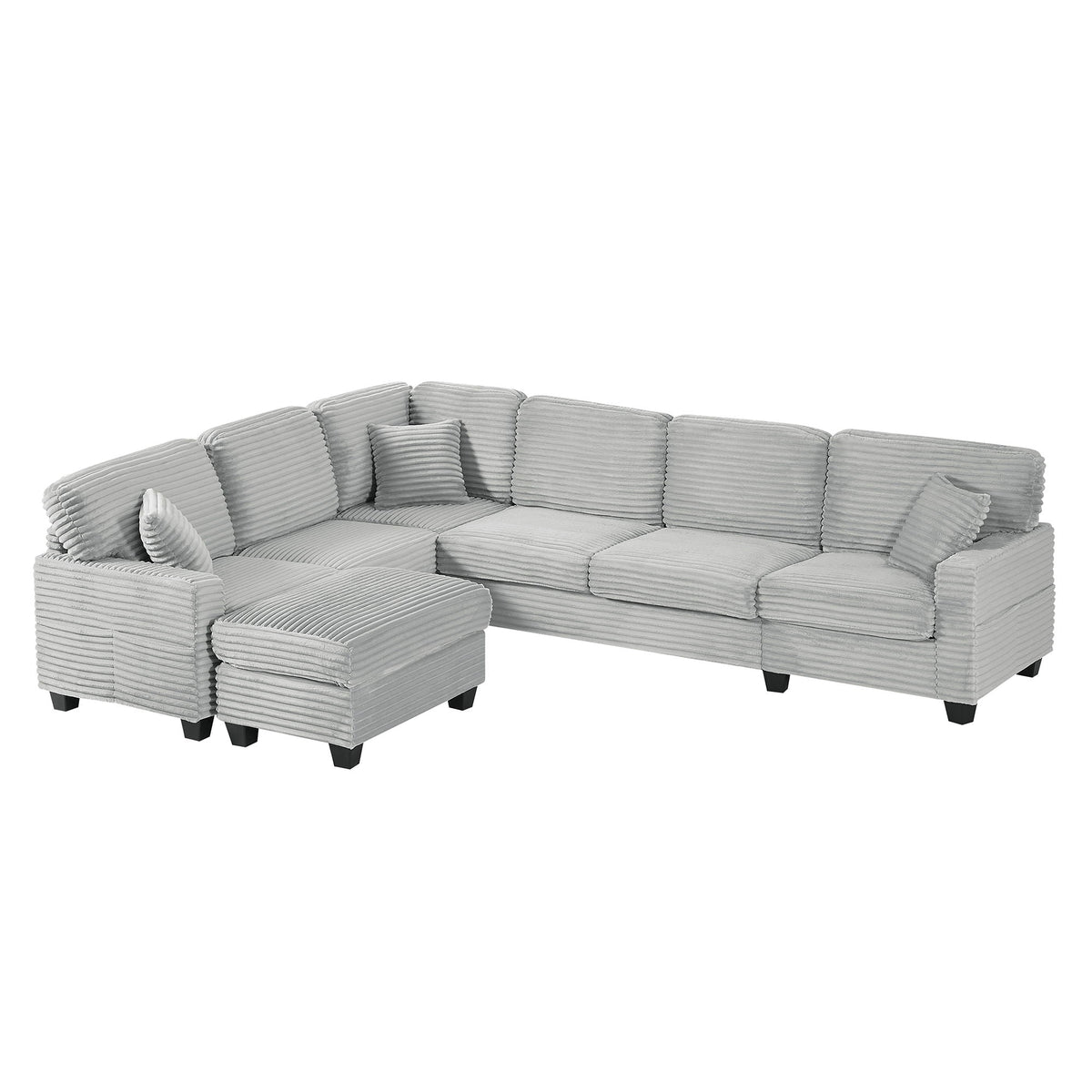 Upholstered U-shaped sectional sofa with movable ottoman in gray ribbed fabric by HouseOfZazla on Tampa Home & Garden Store