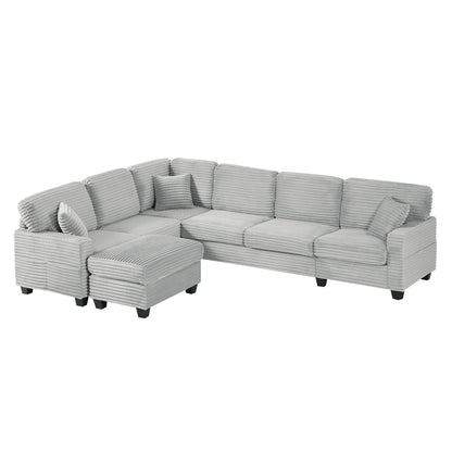 Upholstered U-shaped sectional sofa with movable ottoman in gray ribbed fabric by HouseOfZazla on Tampa Home & Garden Store