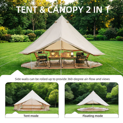4 Season Bell Tent 16.4FT beige canvas with open sides and outdoor dining setup by HouseOfZazla on Tampa Home & Garden Store
