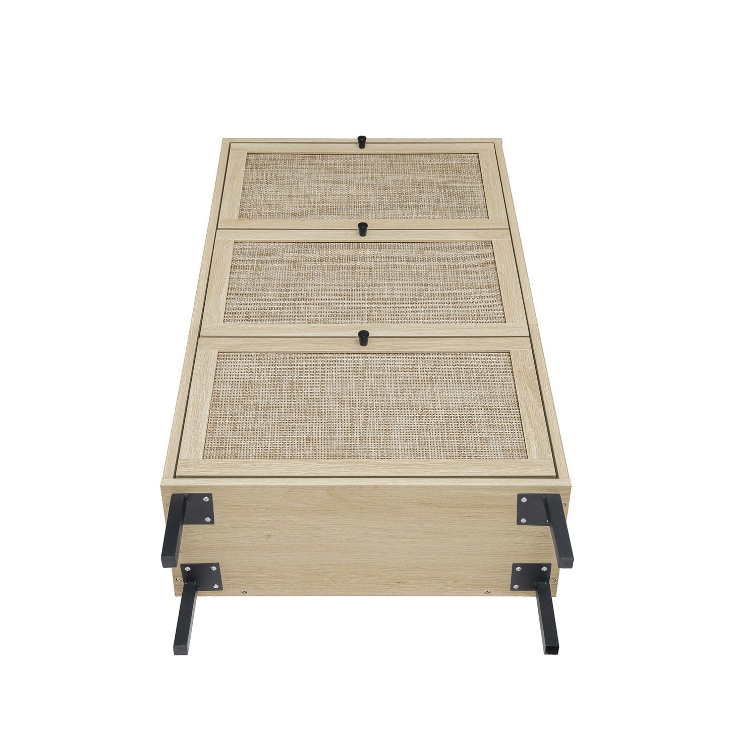 Shoe rack cabinet, 3-door, natural wood with woven cane panels, black knobs, metal legs on Tampa Home & Garden Store