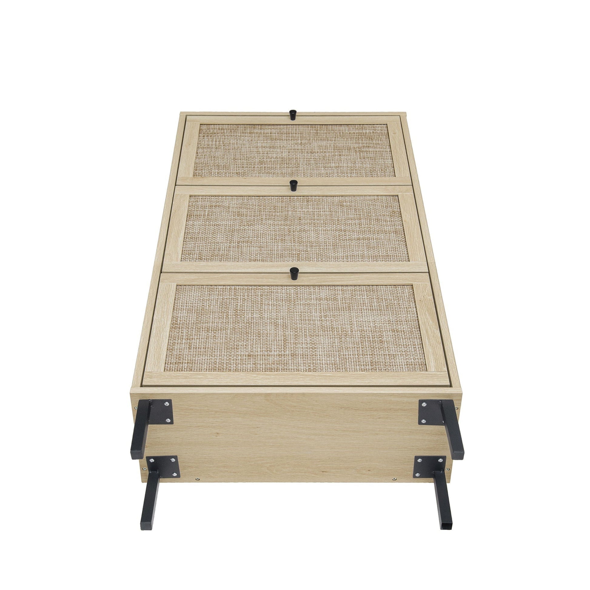 Shoe rack cabinet, 3-door, natural wood with woven cane panels, black knobs, metal legs on Tampa Home & Garden Store