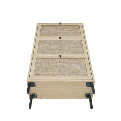 Shoe rack cabinet, 3-door, natural wood with woven cane panels, black knobs, metal legs on Tampa Home & Garden Store