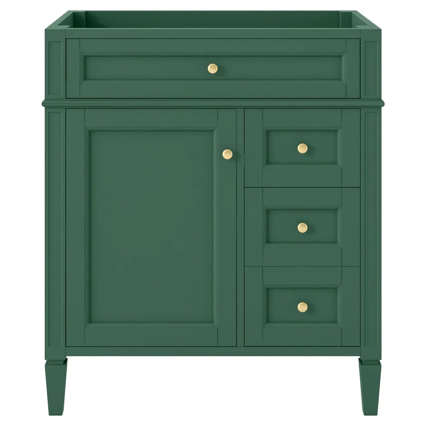 Bathroom vanity base in green with two drawers and tip-out storage, brass knobs on Tampa Home & Garden Store