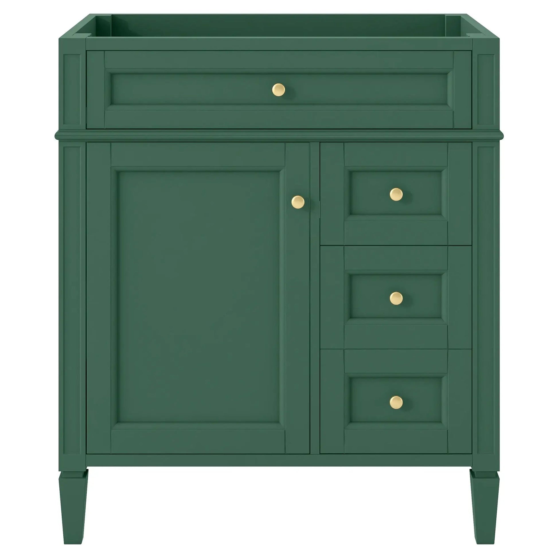Bathroom vanity base in green with two drawers and tip-out storage, brass knobs on Tampa Home & Garden Store