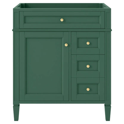 Bathroom vanity base in green with two drawers and tip-out storage, brass knobs on Tampa Home & Garden Store