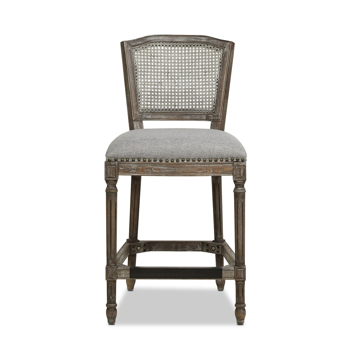 Rattan wicker high-back counter stool with oak frame and gray fabric seat on Tampa Home & Garden Store