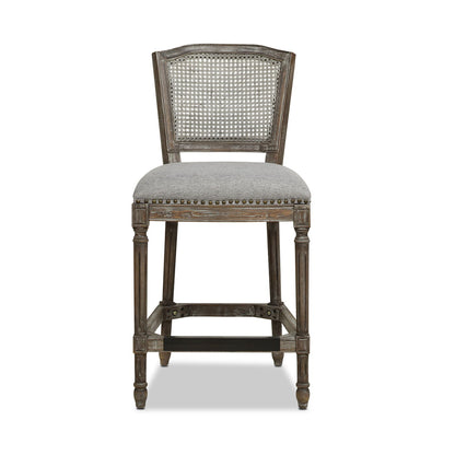 Rattan wicker high-back counter stool with oak frame and gray fabric seat on Tampa Home & Garden Store