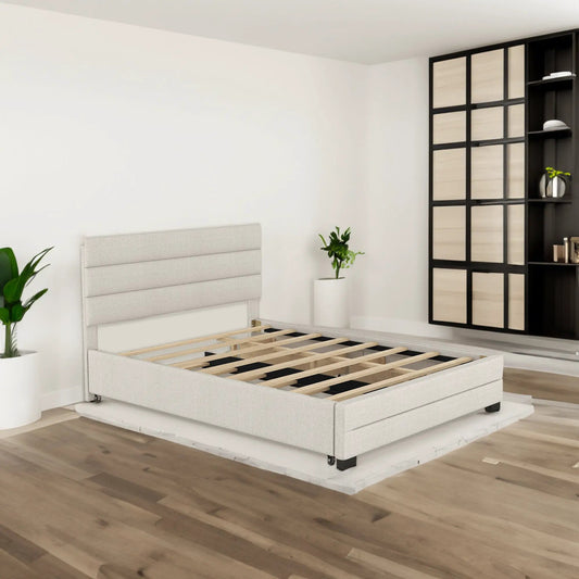 Queen Upholstered Platform Bed with Twin Trundle in light gray fabric on Tampa Home & Garden Store