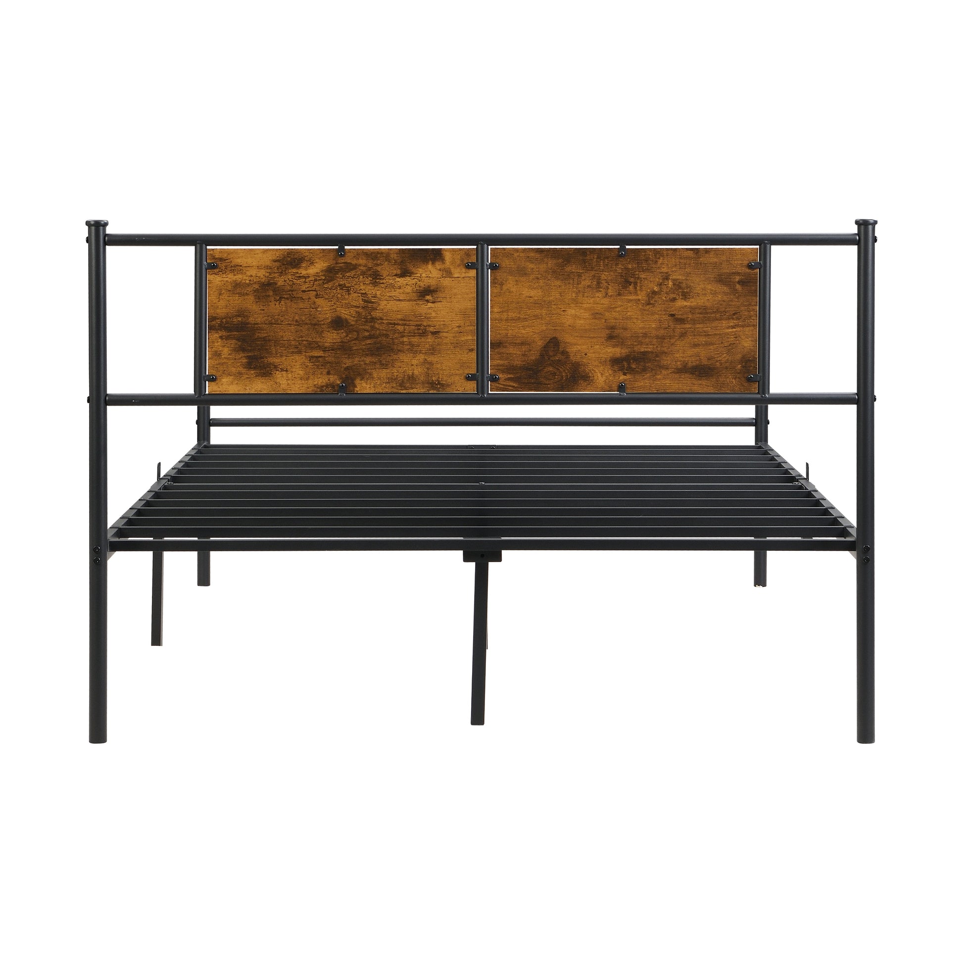 California King bed frame by HouseOfZazla featuring black metal frame and a wood panel headboard on Tampa Home & Garden Store