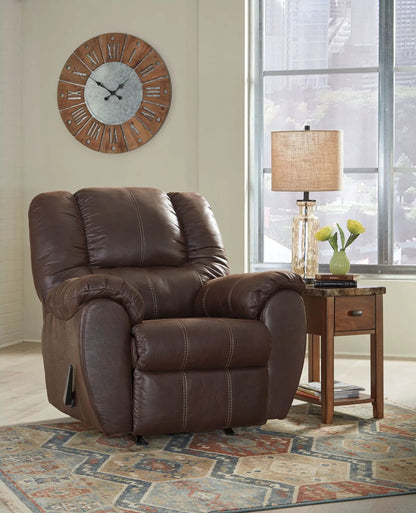 McGann Rocker Recliner brown leather with visible stitching on Tampa Home & Garden Store