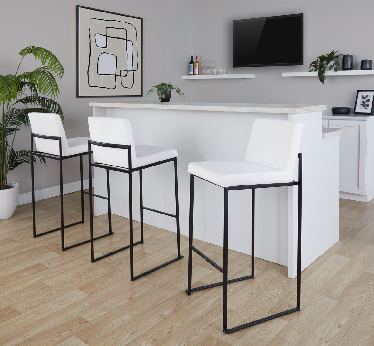 Barstool set: white high-back seats with black metal frames, 3 stools at a modern island on Tampa Home & Garden Store