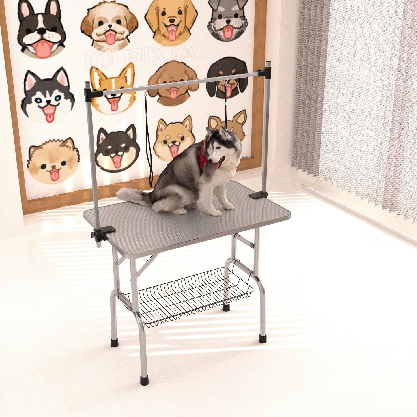 Folding pet grooming table with stainless steel frame and rubber mat with adjustable arm on Tampa Home & Garden Store