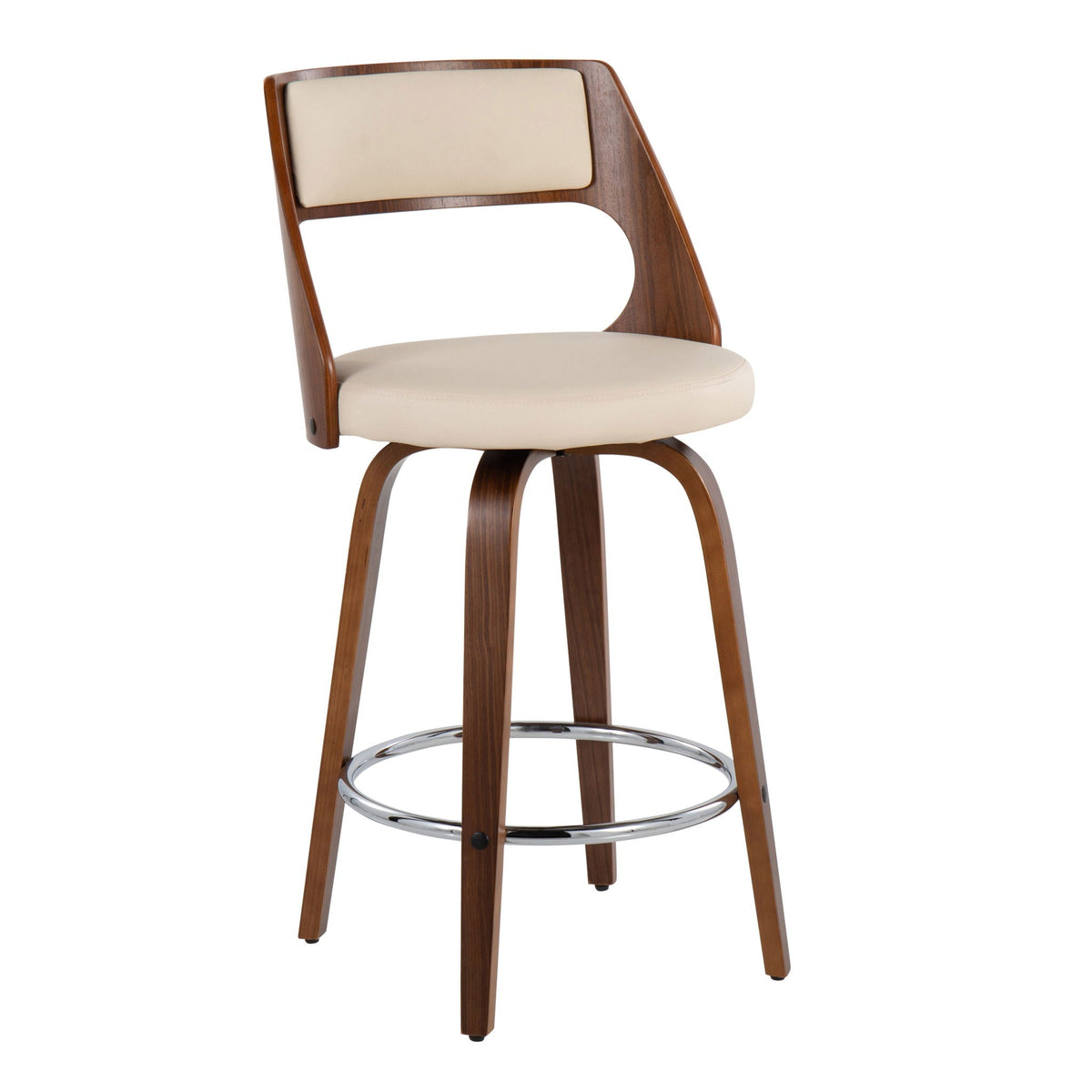 Mid-Century Modern Counter Stool Set with Swivel and Footrest beige seat, dark brown wood frame on Tampa Home & Garden Store