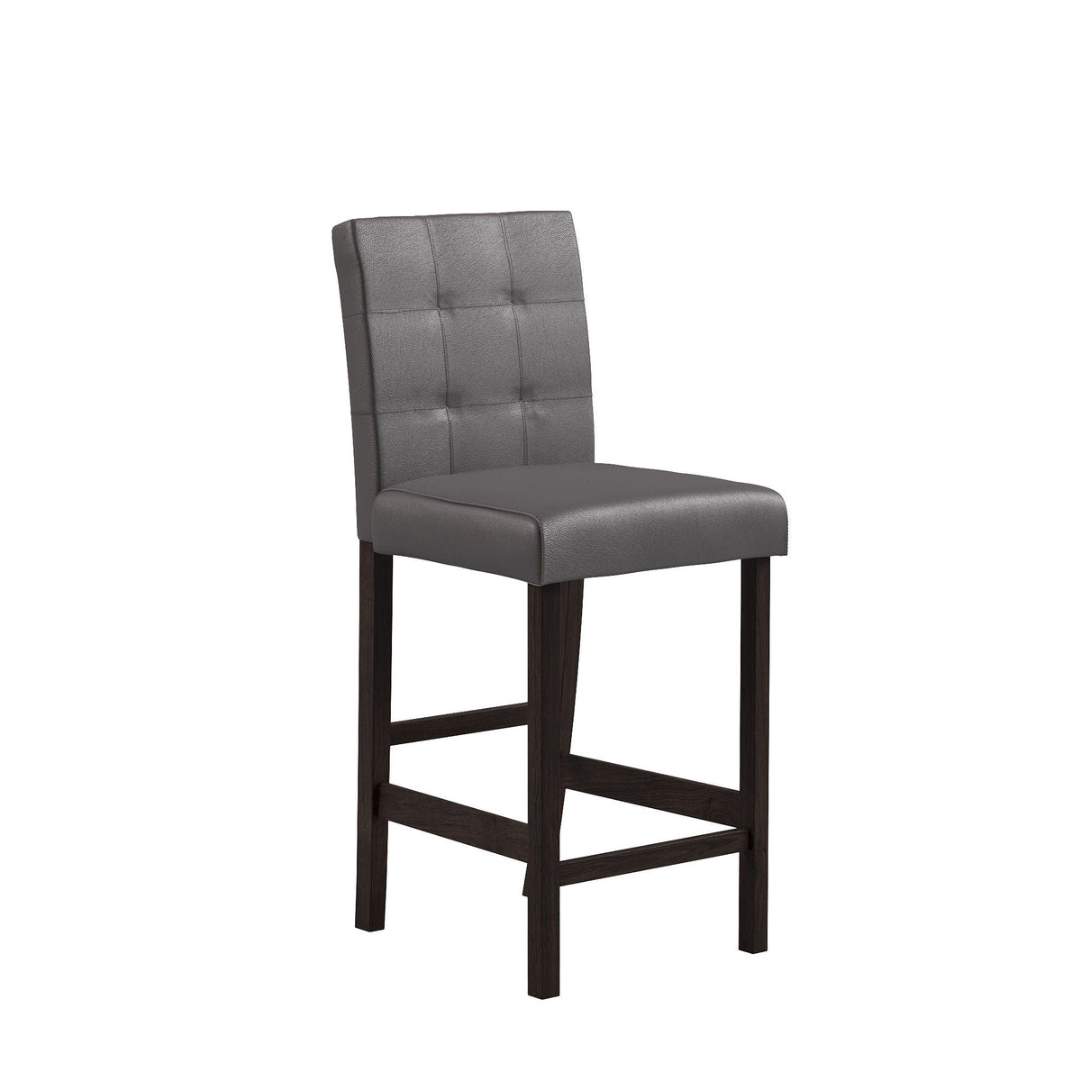 Espresso bar stool with tufted gray faux leather upholstery and dark wood legs on Tampa Home & Garden Store