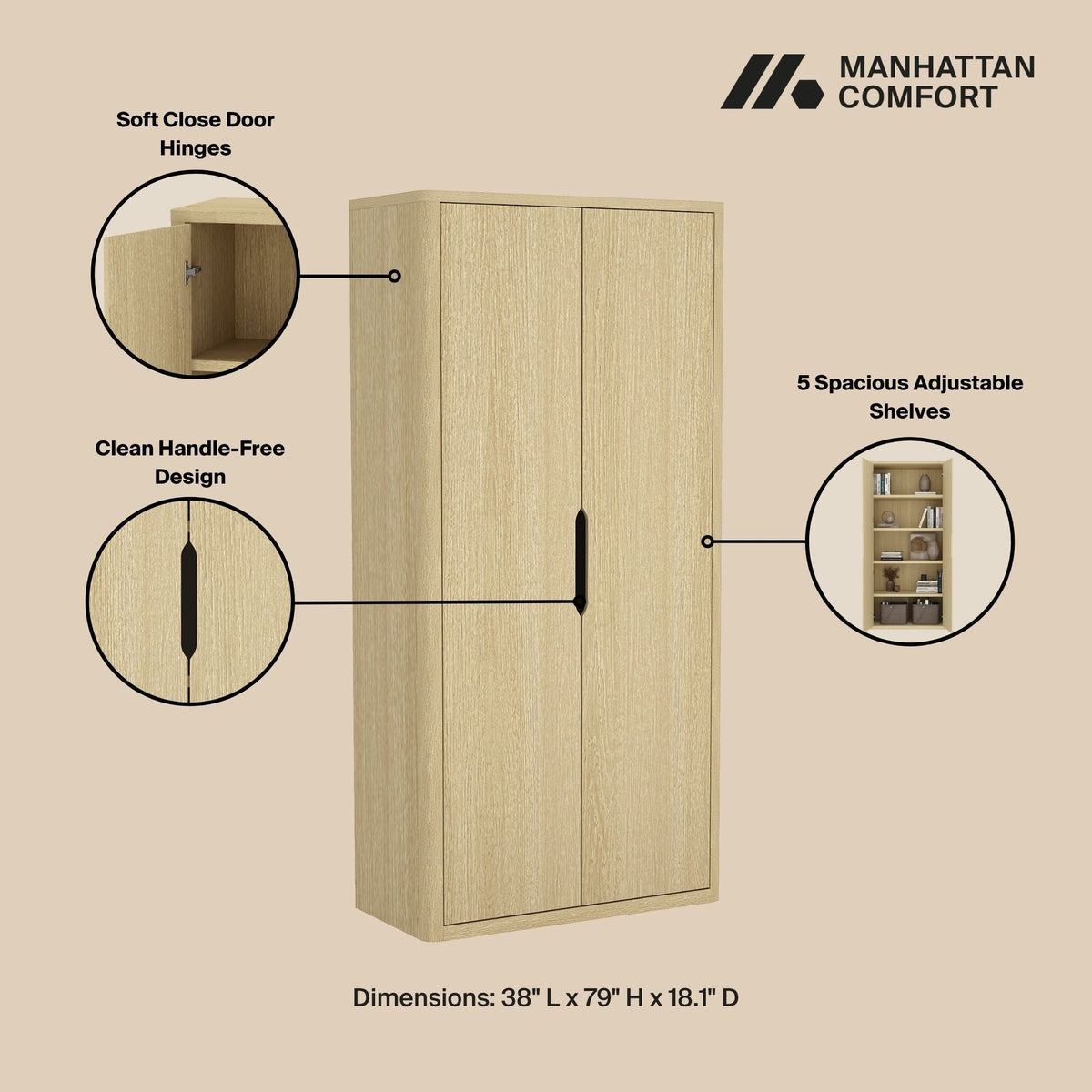 Rivington Bookcase Cabinet in natural wood with 5 adjustable shelves and soft close hinges on Tampa Home & Garden Store