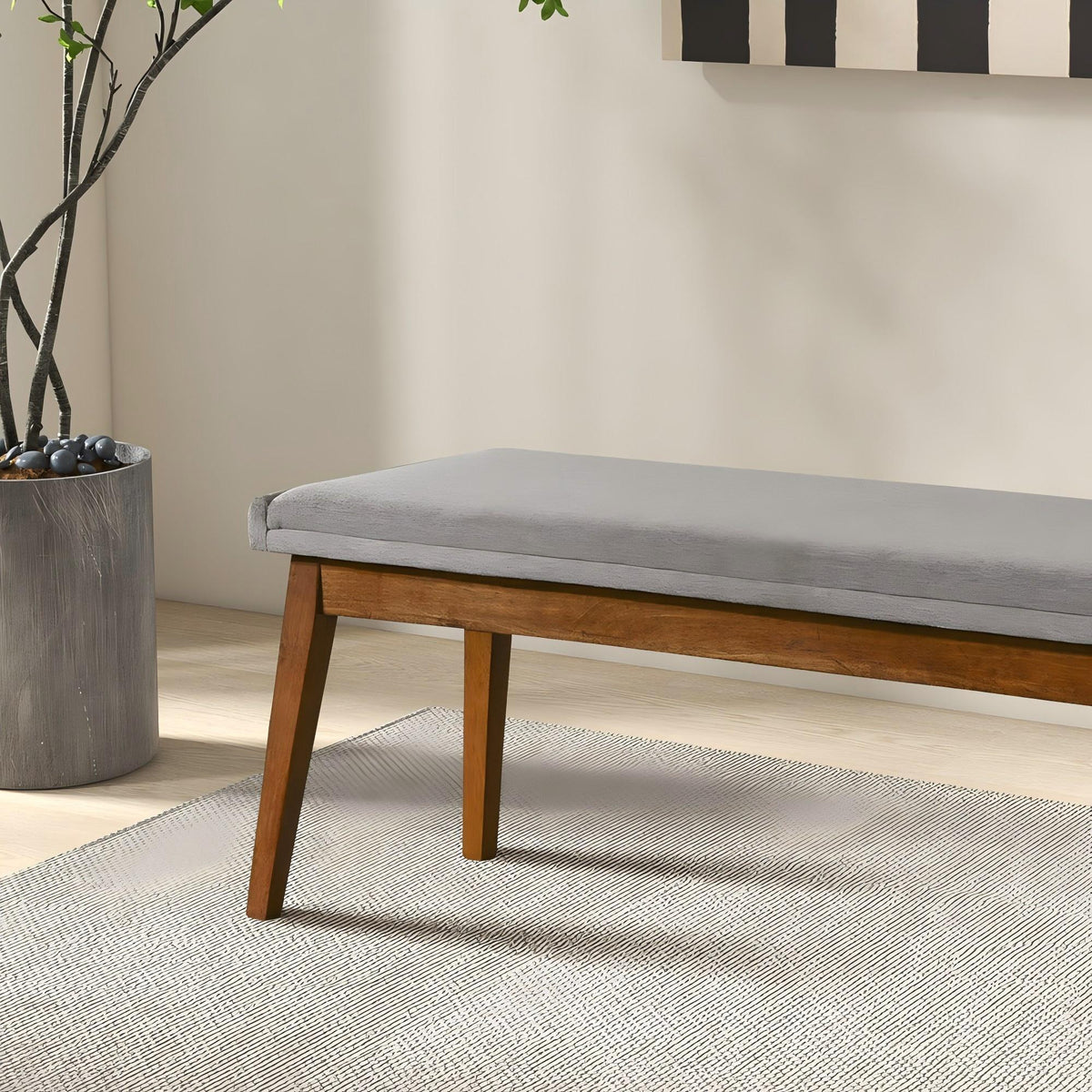Ash Gray Upholstered Bench with Solid Wood Base, light gray fabric and natural wood legs on Tampa Home & Garden Store