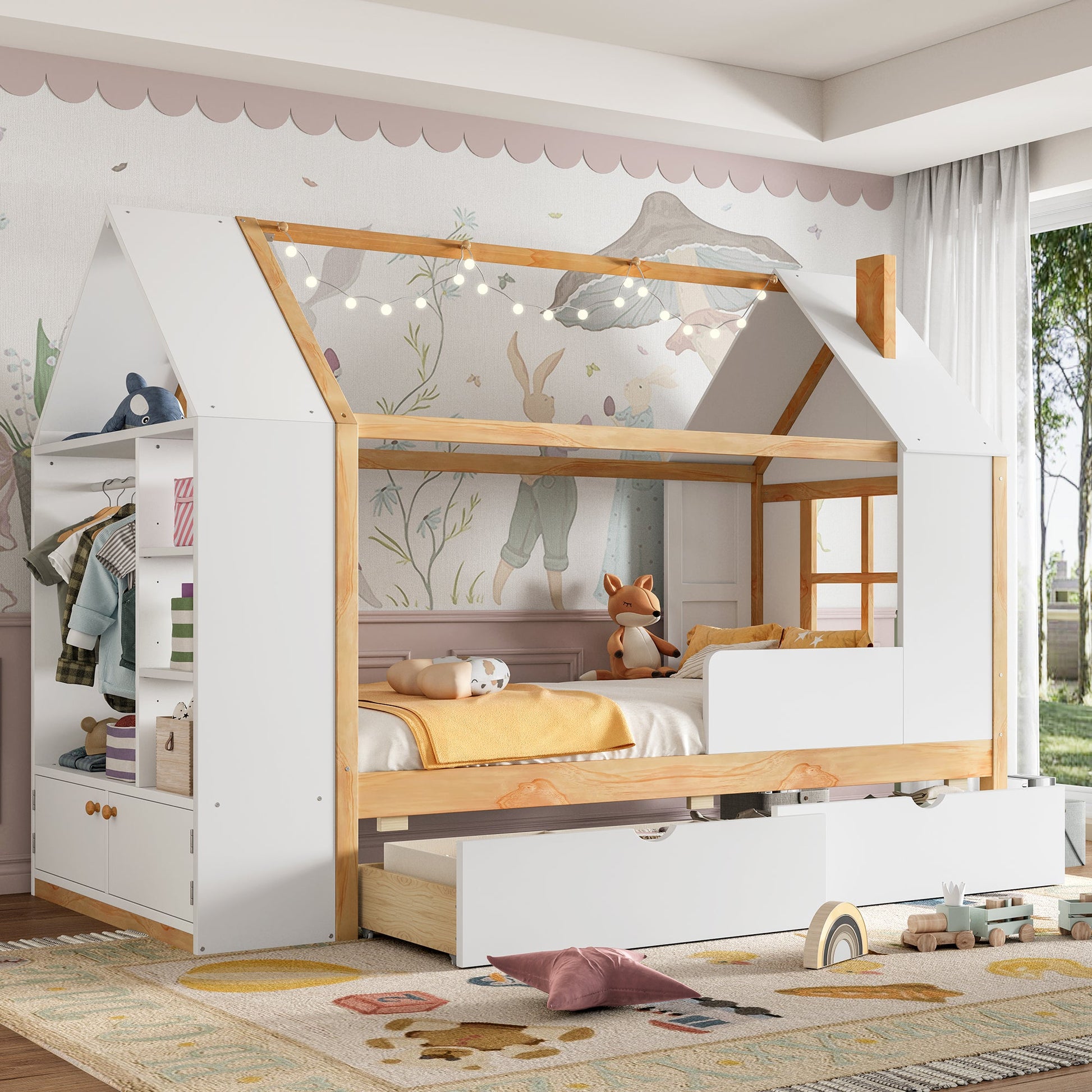 Twin size House Platform Bed with Drawers by HouseOfZazla, white panels, natural wood frame on Tampa Home & Garden Store