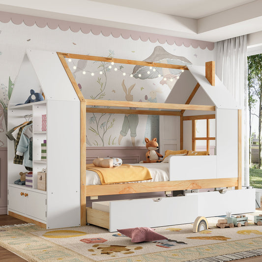 Twin size House Platform Bed with Drawers by HouseOfZazla, white panels, natural wood frame on Tampa Home & Garden Store