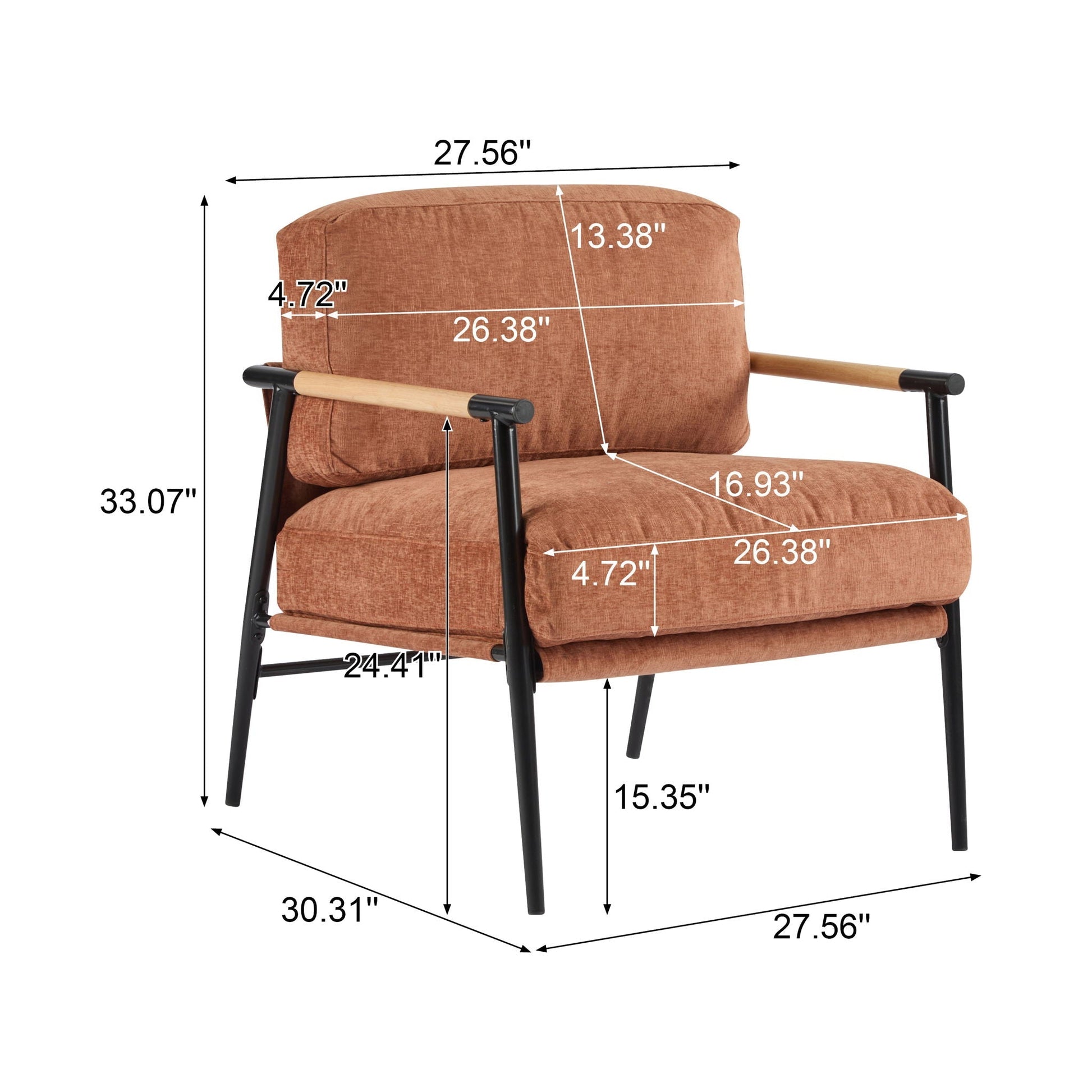 Modern accent chair with plush rust-orange cushions and wooden armrests on Tampa Home & Garden Store