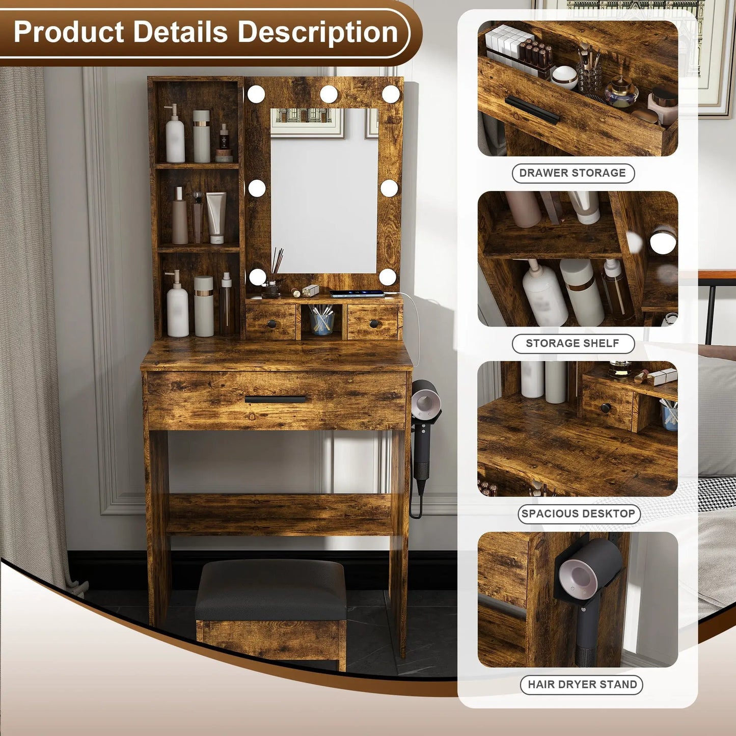 Vanity Table with Mirror and Hairdryer Holder