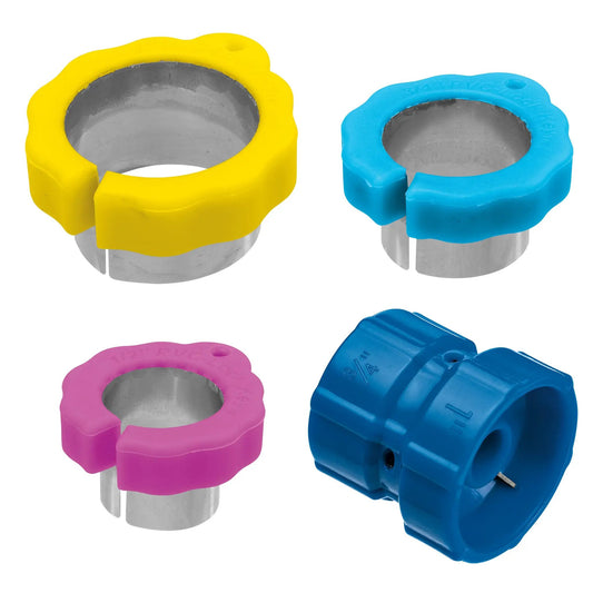 PVC Lock Removal and Bevel Tool Kit by Orbit Irrigation, four collars around pipe ends on Tampa Home & Garden Store