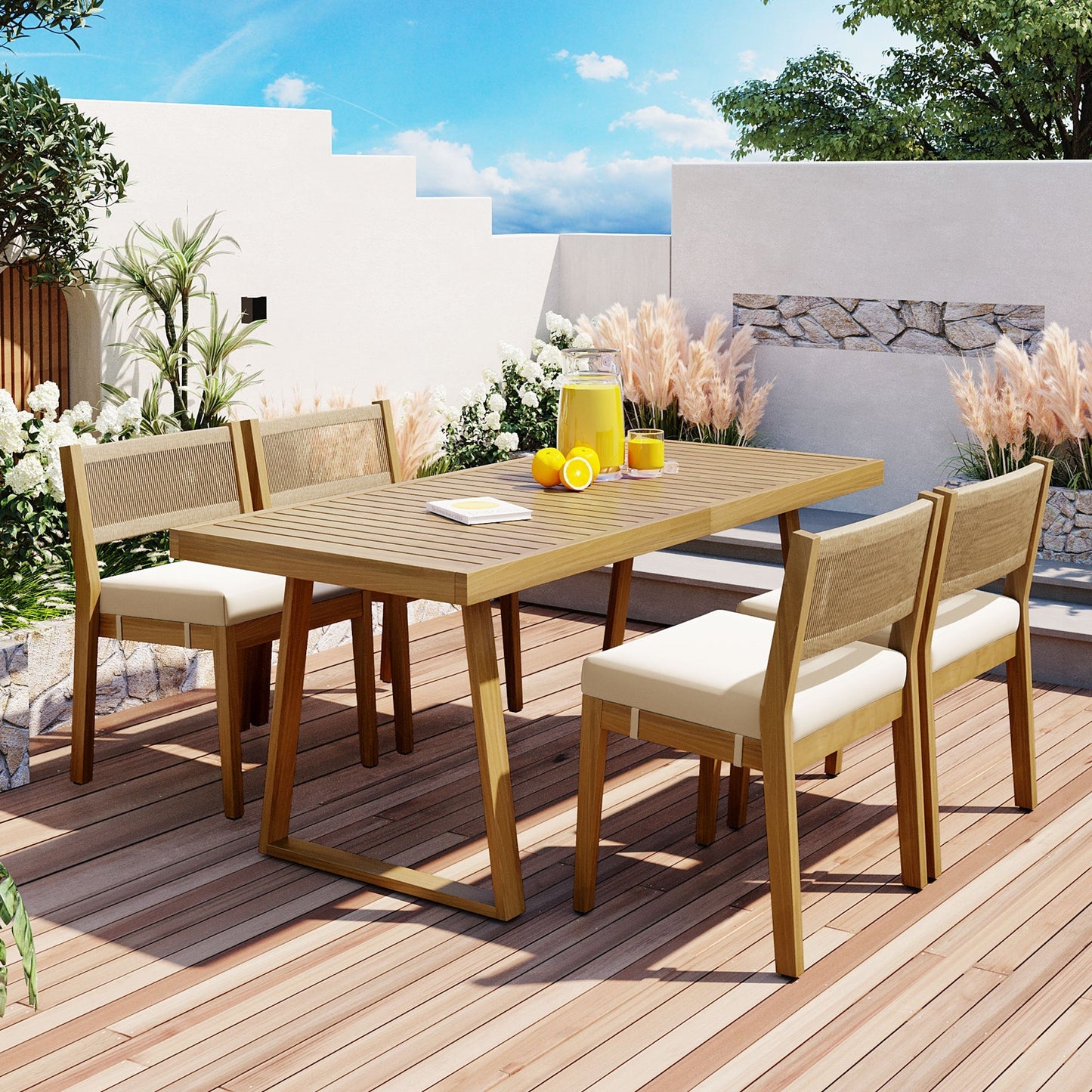 U_Style multi-person outdoor acacia wood dining table and chair set by HouseOfZazla natural on Tampa Home & Garden Store