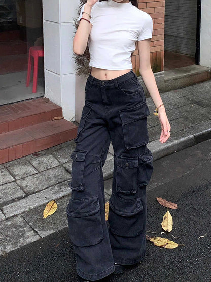Retro Black Multi-pocket Cargo Pants by FLIPSTYLEZLLC with loose fit and cargo pockets on Tampa Home & Garden Store