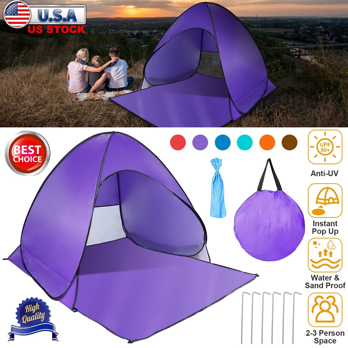 GemGear pop-up beach tent purple UPF50+ waterproof 2-3 person on Tampa Home & Garden Store