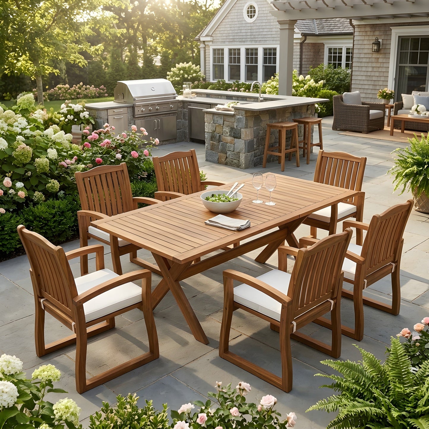 7 Piece Acacia Wood Outdoor Dining Table Set