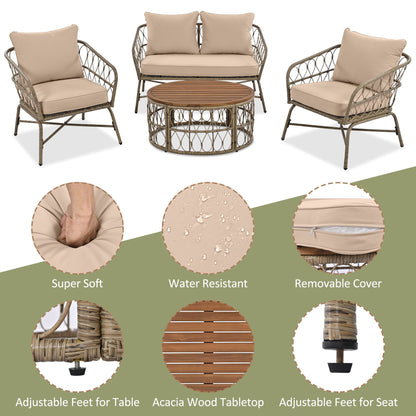 Bohemia-Inspired 4-Person outdoor seating set with beige removable cushions and round wood table on Tampa Home & Garden Store