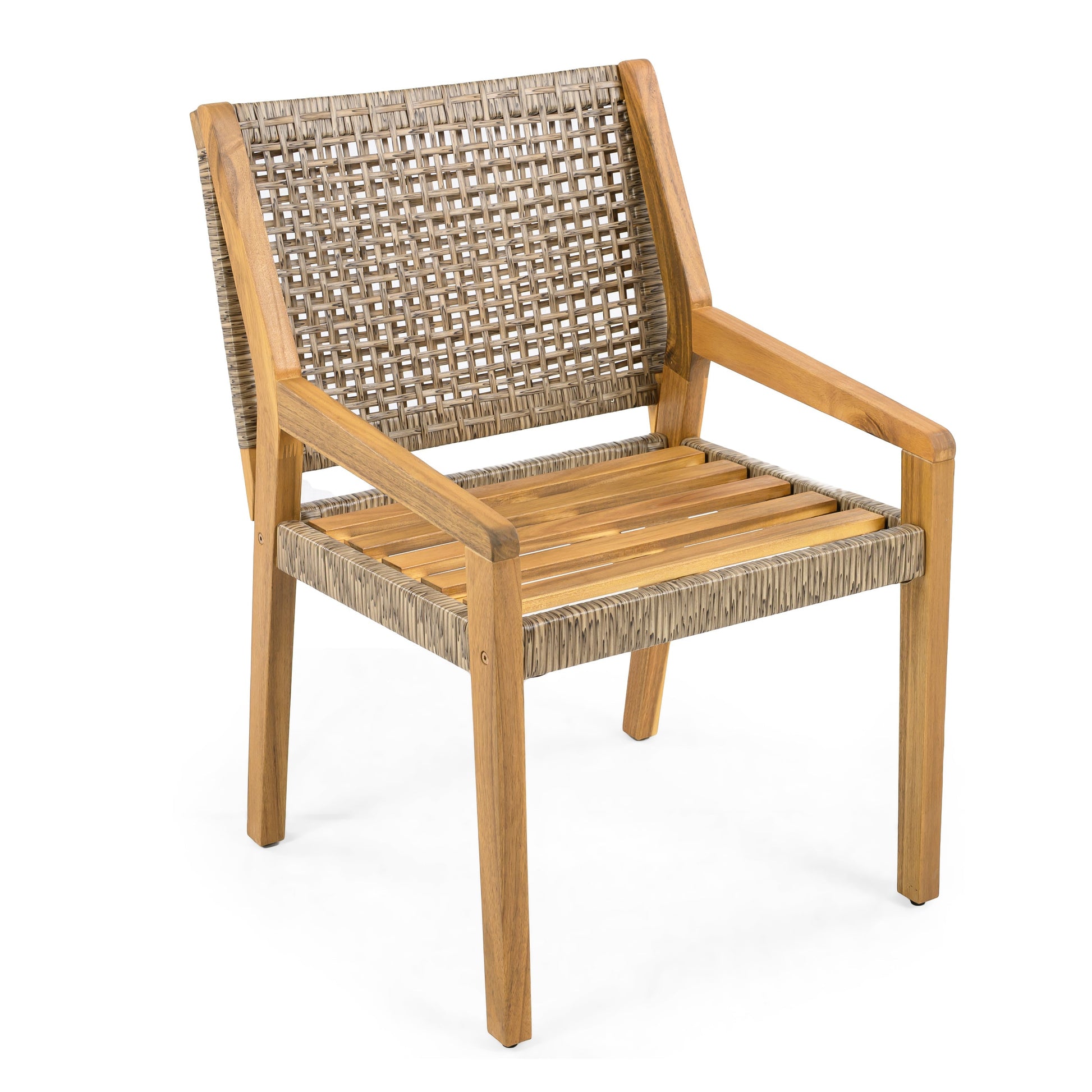 Outdoor dining chair with acacia wood frame and woven wicker back and seat on Tampa Home & Garden Store