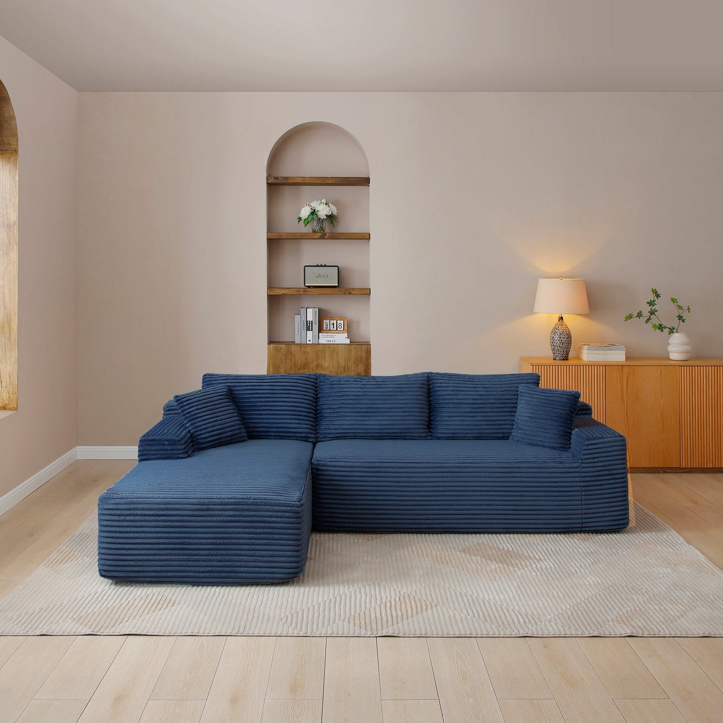 105'' modular sectional sofa with deep seats and chaise in blue upholstery on Tampa Home & Garden Store
